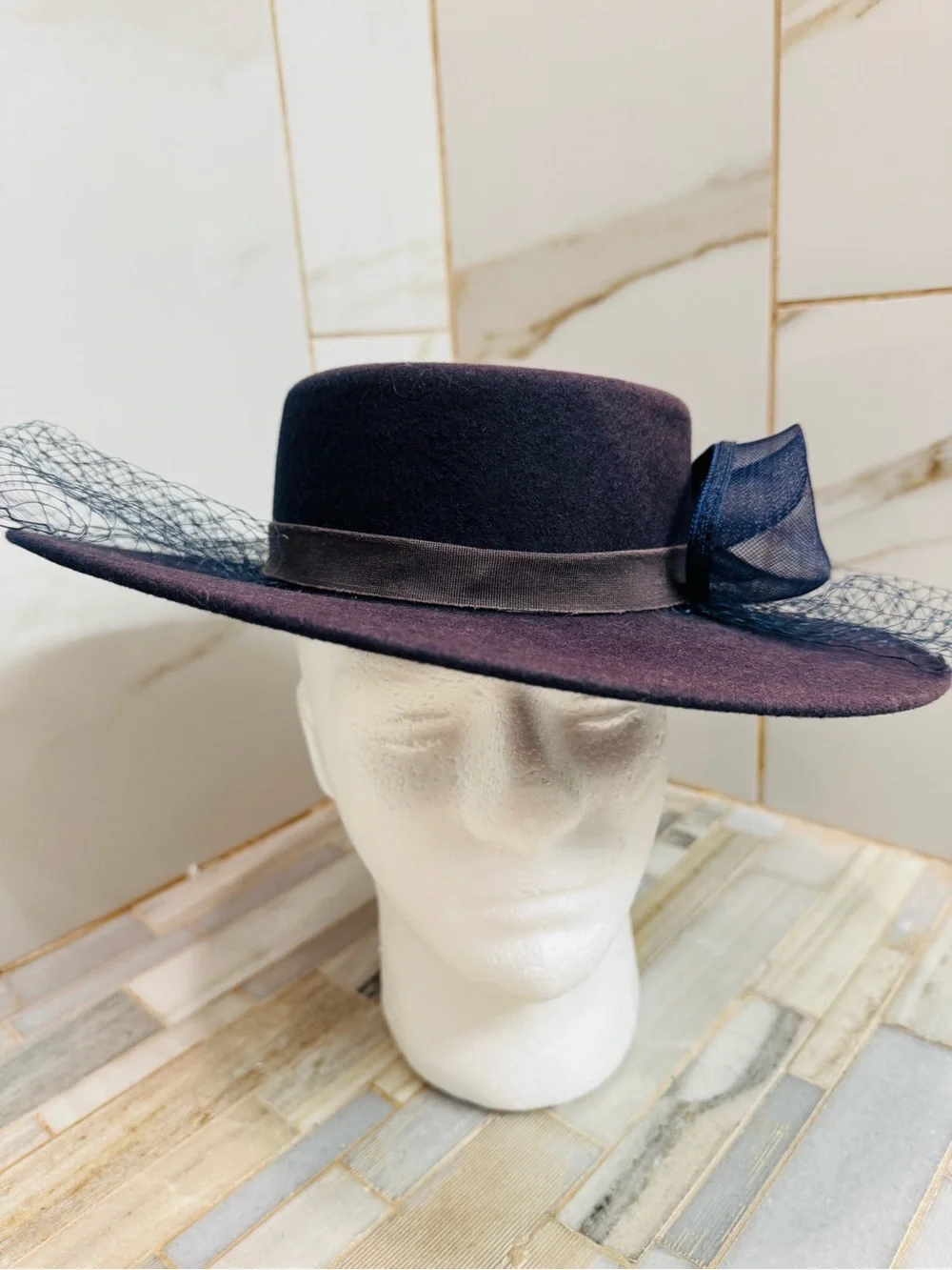 Vintage Bollman Hat Co USA Navy Doeskin Felt Wide Brim Veil Hat Sz 7 Wool